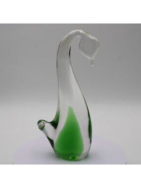 Murano Italy Hand Blown Glass Swan Paperweight Clear Green 6 Inch Tall